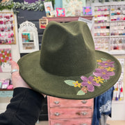 Hand-Painted Felt Hat by  Brandy Bell - Olive Green with Floral