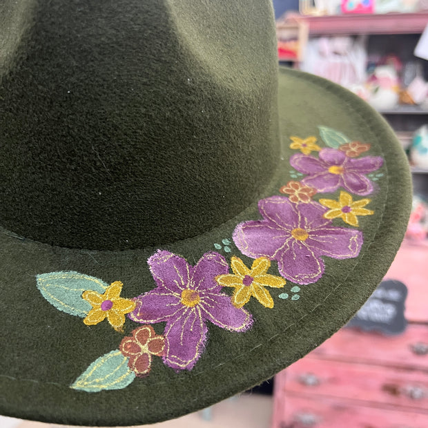 Hand-Painted Felt Hat by  Brandy Bell - Olive Green with Floral