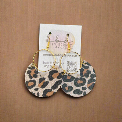 ERIN  - Leather Earrings   ||  <BR> GOLD GLITTER LEOPARD (LEATHER ON CORK)