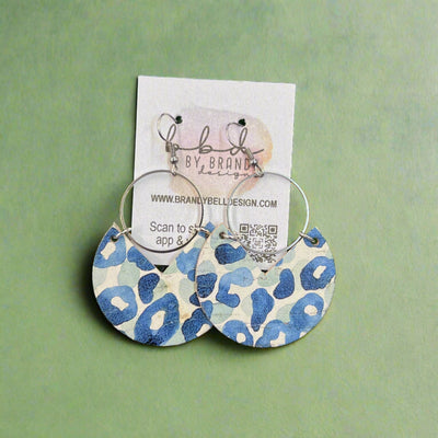 ERIN  - Leather Earrings   ||  <BR> SAGE & NAVY LEOPARD (LEATHER ON CORK)