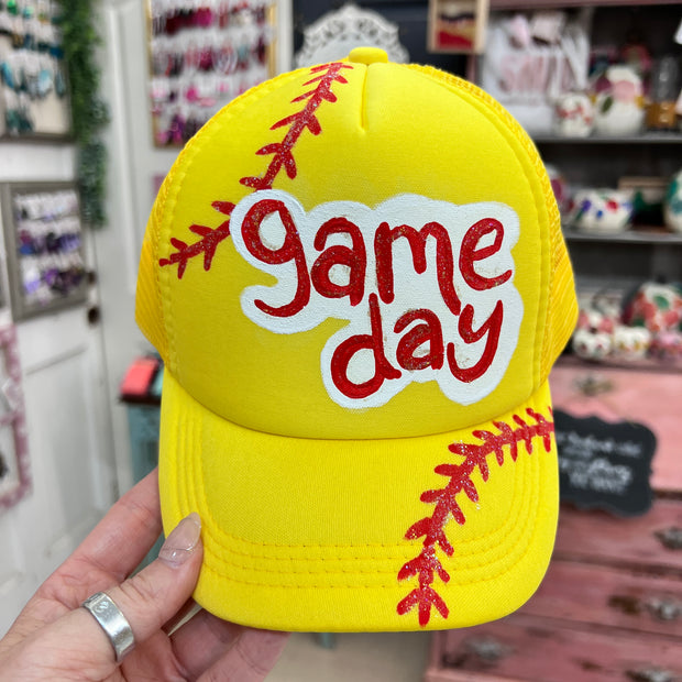 Hand-Painted Trucker Hat by  Brandy Bell - Yellow Softball "Game Day" with glitter