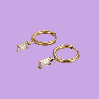 Titanium Steel Hoop Earrings - 14K Gold Plated Round - Rectangle Clear Cubic Zirconia