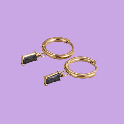 Titanium Steel Hoop Earrings - 14K Gold Plated Round - Rectangle Black Cubic Zirconia