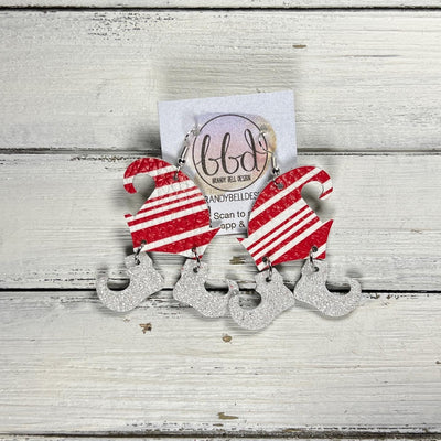 ELVES -  Leather Earrings  ||   <BR> CANDY CANE STRIPES, <BR> WHITE FINE GLITTER (LEATHER ON CORK)