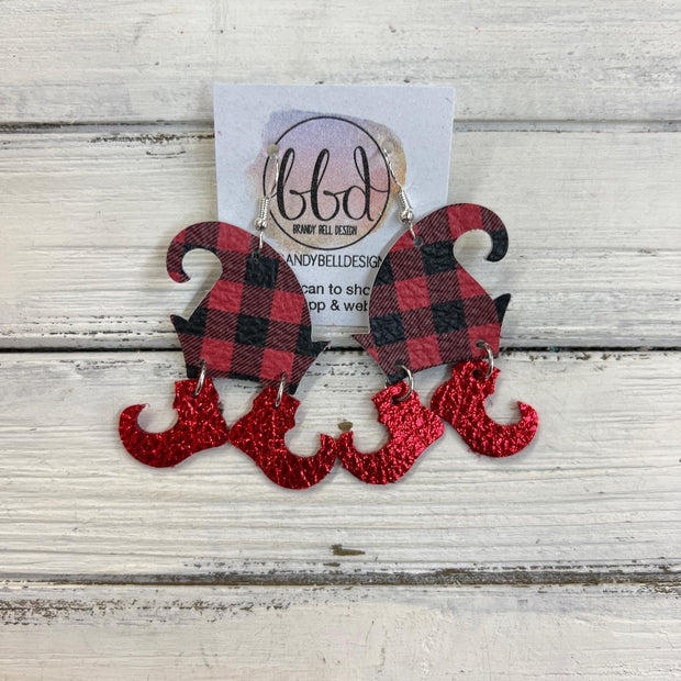 ELVES -  Leather Earrings  ||   <BR> BLACK & RED PETITE BUFFALO PLAID, <BR> METALLIC RED PEBBLED
