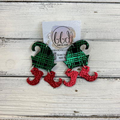 ELVES -  Leather Earrings  ||   <BR> METALLIC GREEN & BLACK PLAID, <BR> METALLIC RED PEBBLED