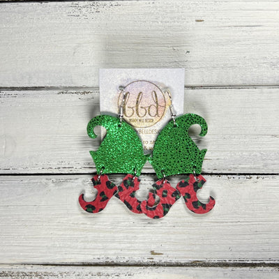 ELVES -  Leather Earrings  ||   <BR> SPARKLE GREEN, <BR> RED & GREEN LEOPARD PRINT