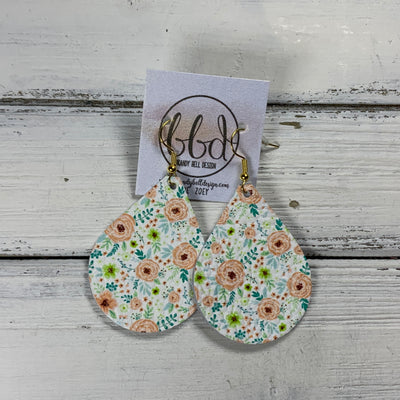 ZOEY (3 sizes available!) -  Leather Earrings  ||  PEACH FLORAL ON WHITE