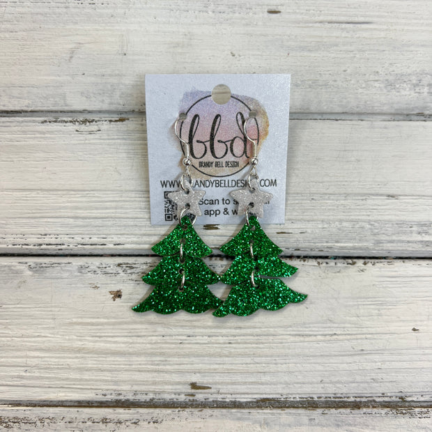 DANGLE CHRISTMAS TREE -  Leather Earrings  ||   <BR> WHITE GLITTER STAR, <BR> GREEN GLITTER (FAUX LEATHER)