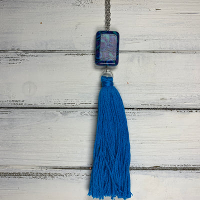 TASSEL NECKLACE - CAROLINA    ||   BRIGHT BLUE WITH PEACOCK DECORATIVE BEAD