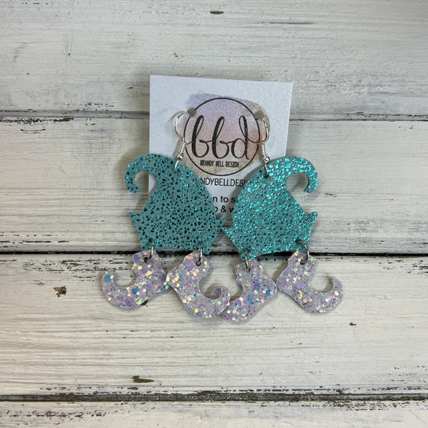 ELVES -  Leather Earrings  ||   <BR> SPARKLE AQUA, <BR> IRIDESCENT WHITE CHUNKY GLITTER (LEATHER ON CORK)