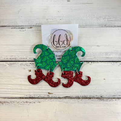 ELVES -  Leather Earrings  ||   <BR> METALLIC GREEN LEOPARD PRINT, <BR> RED FINE GLITTER (LEATHER ON CORK)