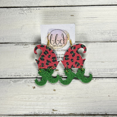 ELVES -  Leather Earrings  ||   <BR> RED & GREEN LEOPARD PRINT, <BR> SPARKLE GREEN