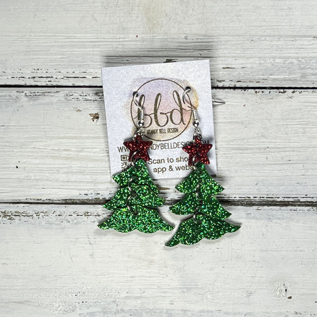 DANGLE CHRISTMAS TREE -  Leather Earrings  ||   <BR> RED GLITTER STAR, <BR> GREEN GLITTER (FAUX LEATHER)