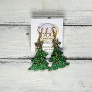 DANGLE CHRISTMAS TREE -  Leather Earrings  ||   <BR> GOLD GLITTER STAR, <BR> GREEN GLITTER (FAUX LEATHER)