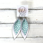 ALLIE -  Leather Earrings  ||  <BR> DUSTY AQUA DOTS, <BR> MATTE WHITE