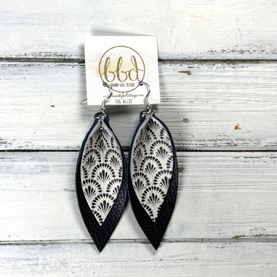 ALLIE -  Leather Earrings  ||  <BR> BLACK & WHITE GEOMETRIC TRELLIS, <BR> MATTE BLACK