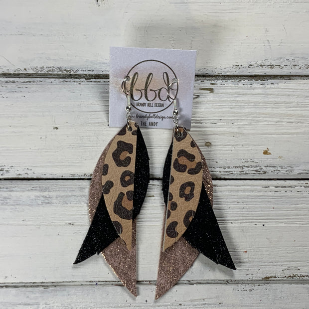 ANDY -  Leather Earrings  ||  <BR> CARAMEL CHEETAH, <BR> SHIMMER BLACK, <BR> SHIMMER VINTAGE PINK