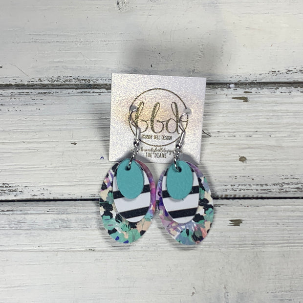 DIANE - Leather Earrings  || <BR> ROBINS EGG BLUE, <BR> BLACK & WHITE STRIPE, <BR> PURPLE FLORAL CHEETAH