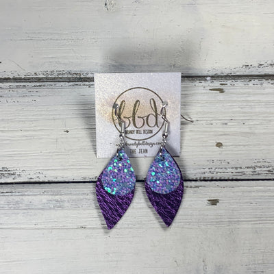 JEAN - Leather Earrings  || <BR> GLASS SLIPPER GLITTER (FAUX LEATHER), <BR> METALLIC PURPLE PEBBLED