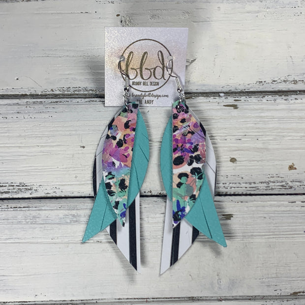 ANDY -  Leather Earrings  ||  <BR> PURPLE FLORAL CHEETAH, <BR> ROBINS EGG BLUE, <BR> BLACK & WHITE STRIPE