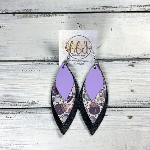 DOROTHY -  Leather Earrings  ||   <BR> MATTE LILAC SMOOTH, <BR> BREWING MAGIC (FAUX LEATHER), <BR> SHIMMER DISTRESSED SILVER ON BLACK