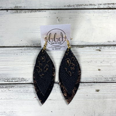 DOROTHY -  Leather Earrings  ||   <BR> BLACK & ROSE GOLD ANIMAL PRINT (FAUX LEATHER), <BR> MATTE BLACK, <BR> ROSE GOLD NORTHERN LIGHTS