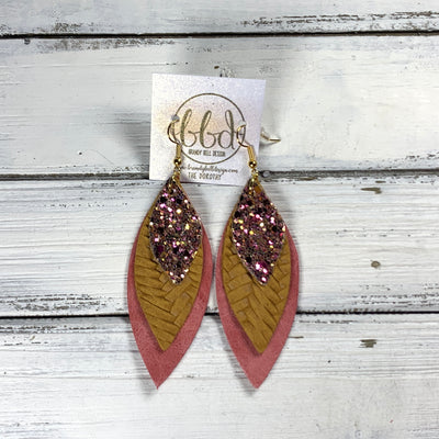 DOROTHY -  Leather Earrings  ||   <BR> PINK & GOLD GLITTER (FAUX LEATHER), <BR> MUSTARD BRAID, <BR> DISTRESSED SALMON SMOOTH