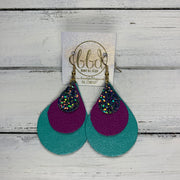 LINDSEY - Leather Earrings  ||   <BR>  FORREST GLITTER (FAUX LEATHER), <BR> MATTE FUCHSIA,  <BR> PEARLIZED AQUA