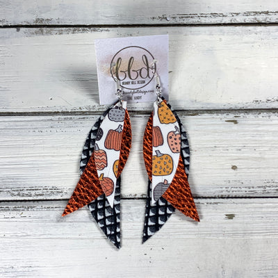 ANDY -  Leather Earrings  ||   <BR> PATTERNED PUMPKINS (FAUX LEATHER), <BR> METALLIC ORANGE PEBBLED, <BR> BLACK & WHITE MERMAID