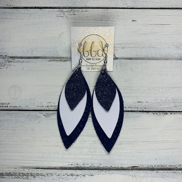 DOROTHY - Leather Earrings  ||  <BR> SHIMMER NAVY, <BR> MATTE WHITE, <BR> NAVY BRAIDED