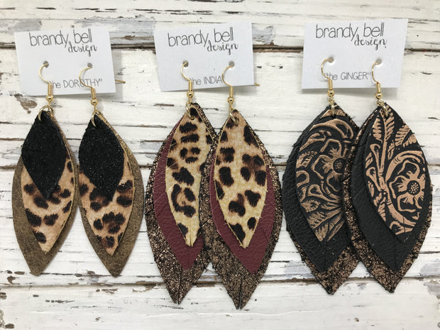 DOROTHY -  Leather Earrings  ||   <BR> BURGUNDY GLITTER (FAUX LEATHER), <BR> BURGUNDY PALMS, <BR> METALLIC BURGUNDY SMOOTH