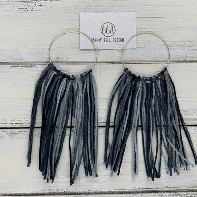 HALEY- Tassel Hoop Earrings <BR> OMBRE GRAY/BLUE TASSEL FRINGE