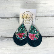 LINDSEY - Leather Earrings  ||   <BR> SEAFOAM GLITTER (FAUX LEATHER), <BR> POINSETTIA  (FAUX LEATHER),  <BR> DISTRESSED TEAL