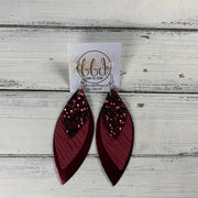 DOROTHY -  Leather Earrings  ||   <BR> BURGUNDY GLITTER (FAUX LEATHER), <BR> BURGUNDY PALMS, <BR> METALLIC BURGUNDY SMOOTH