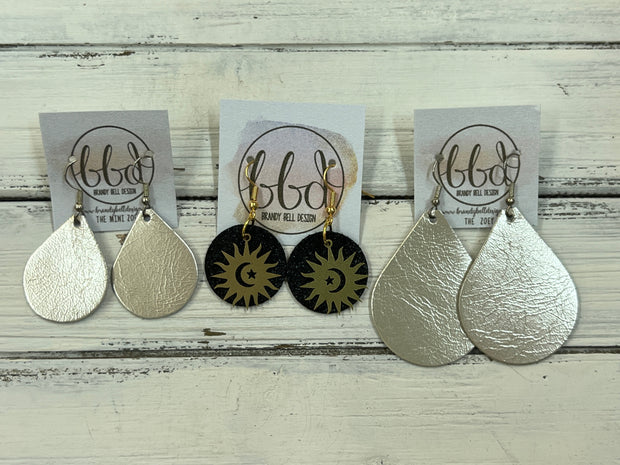 SUEDE + STEEL *Limited Edition* COLLECTION || Leather Earrings ||  <br> SILVER METAL SUN, MOON & STARS || <br> SHIMMER LAVENDER