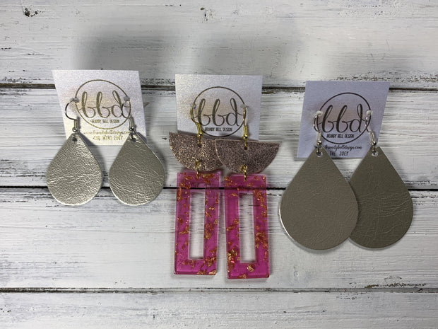 ACRYLIC & LEATHER *LIMITED EDITION* - Leather Earrings  ||    <BR> METALLIC ROSE GOLD SMOOTH, <BR> BLUSH ACRYLIC RECTANGLE