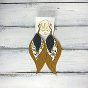 TAMARA - Leather Earrings  ||  MATTE DARK GRAY, <BR> WHITE FLORAL ON MUSTARD, <BR> MUSTARD PALMS