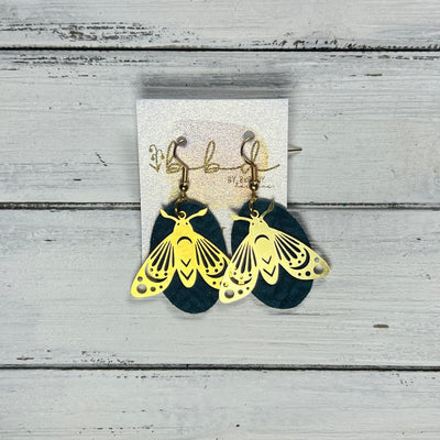 SUEDE + STEEL *Limited Edition* || Leather Earrings || BRASS BEE/BUTTERFLY/MOTH ACCENT || <BR> DARK TEAL BRAID