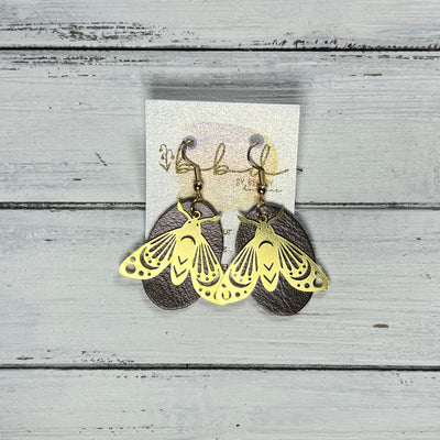 SUEDE + STEEL *Limited Edition* || Leather Earrings || BRASS BEE/BUTTERFLY/MOTH ACCENT || <BR> PEARLIZED BROWN