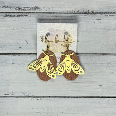 SUEDE + STEEL *Limited Edition* || Leather Earrings || BRASS BEE/BUTTERFLY/MOTH ACCENT || <BR> PEACH PALMS