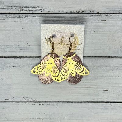 SUEDE + STEEL *Limited Edition* || Leather Earrings || BRASS BEE/BUTTERFLY/MOTH ACCENT || <BR> SHIMMER VINTAGE PINK