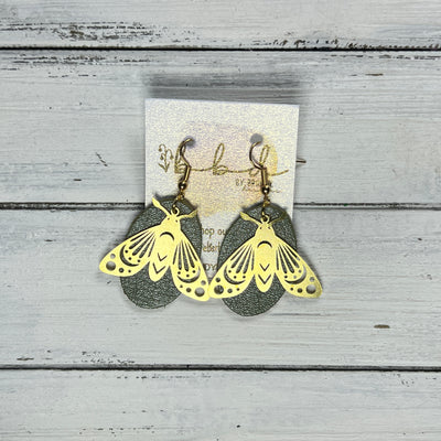 SUEDE + STEEL *Limited Edition* || Leather Earrings || BRASS BEE/BUTTERFLY/MOTH ACCENT || <BR> PEARLIZED OLIVE GREEN