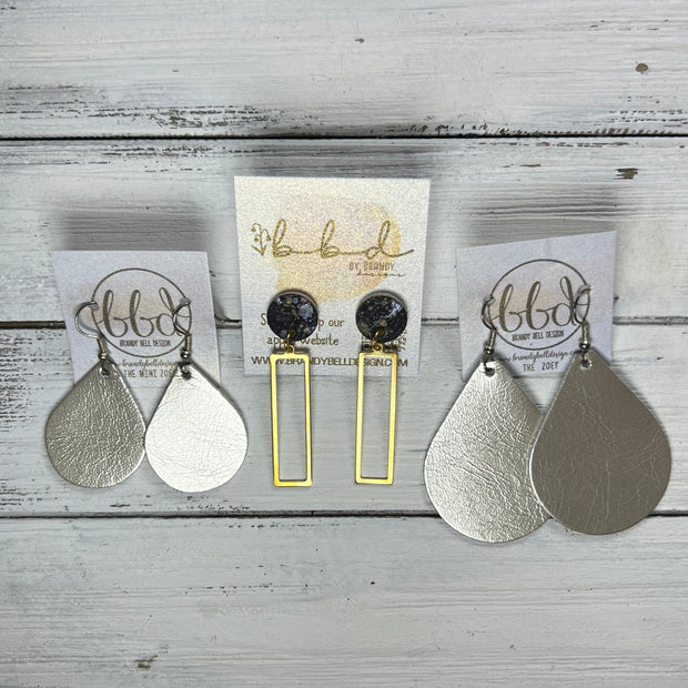 SUEDE + STEEL *Limited Edition* || Leather Earrings || POST WITH BRASS RECTANGLE  || <BR> WHITE GLITTER ON CORK