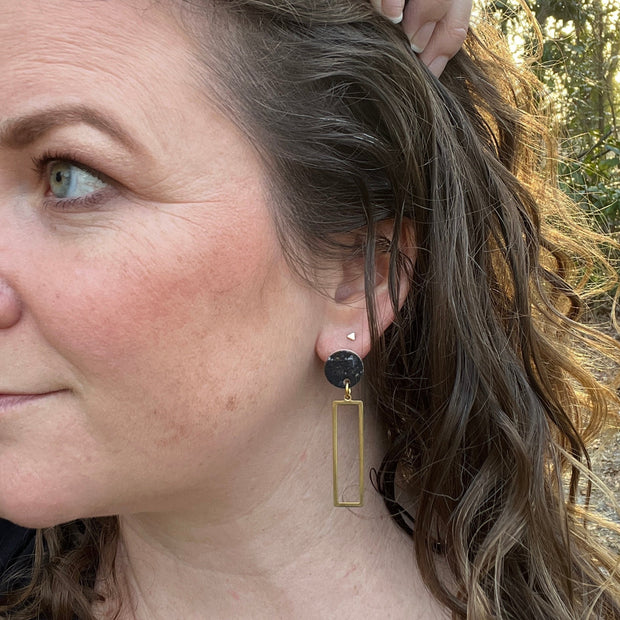 SUEDE + STEEL *Limited Edition* || Leather Earrings || POST WITH BRASS RECTANGLE  || <BR> WHITE GLITTER ON CORK