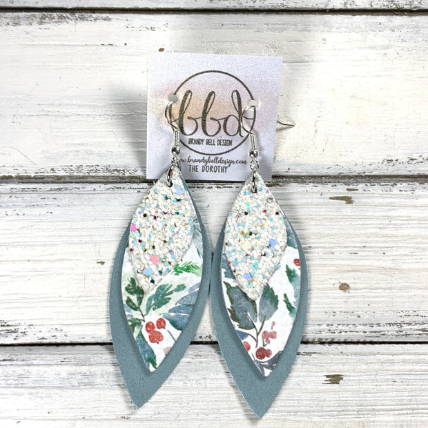 DOROTHY -  Leather Earrings  ||   <BR> CONFETTI CAKE GLITTER (FAUX LEATHER), <BR> WATERCOLOR HOLLY BERRIES, <BR> DUSTY AQUA RIVIERA