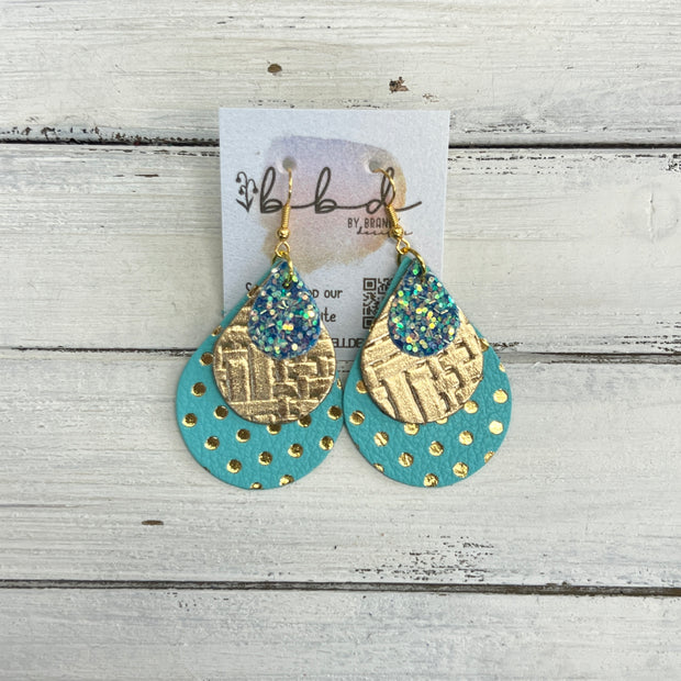 LINDSEY -  Leather Earrings  ||    <BR> OCEAN GLITTER (FAUC LEATHER), <BR> METALLIC GOLD PANAMA WEAVE, <BR> AQUA WITH GOLD POLKADOTS