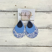 LINDSEY -  Leather Earrings  ||  <BR> METALLIC NAVY* BLUE PEBBLED, <BR> MATTE CAROLINA BLUE, <BR> BLUE & WHITE FLORAL,