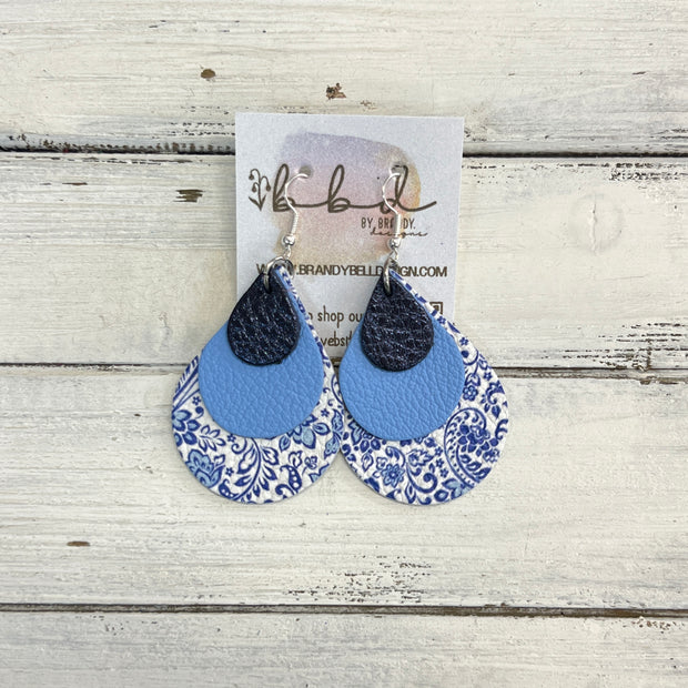 LINDSEY -  Leather Earrings  ||  <BR> METALLIC NAVY* BLUE PEBBLED, <BR> MATTE CAROLINA BLUE, <BR> BLUE & WHITE FLORAL,