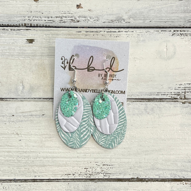 DIANE -  Leather Earrings  ||   <BR> AQUA MINT GLITTER (FAUX LEATHER), <BR> WHITE BASKETWEAVE, <BR> AQUA & WHITE LEAVES